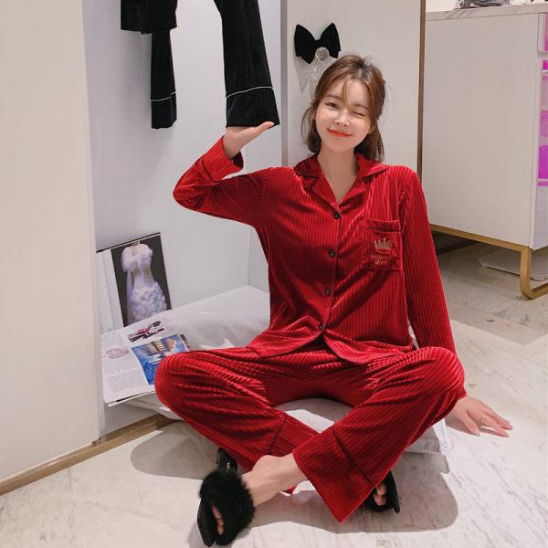 Women Pajamas Suit Winter Sleepwear Set Coral Velvet Thick Sleepshirt Homewear Long Sleeve Top and Pants Sets Turn-down Collar M-XXL
