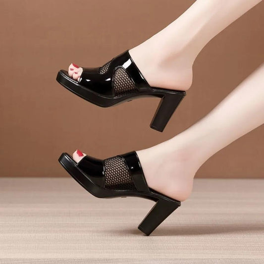 Thick Heel Mesh Slippers Ladies Summer Platform Thick Sole Middle Heel Sandals and Slippers Outerwear