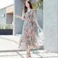 Women's Summer Short Sleeve Long Floral Dress Slim A-line V-neck Skirt