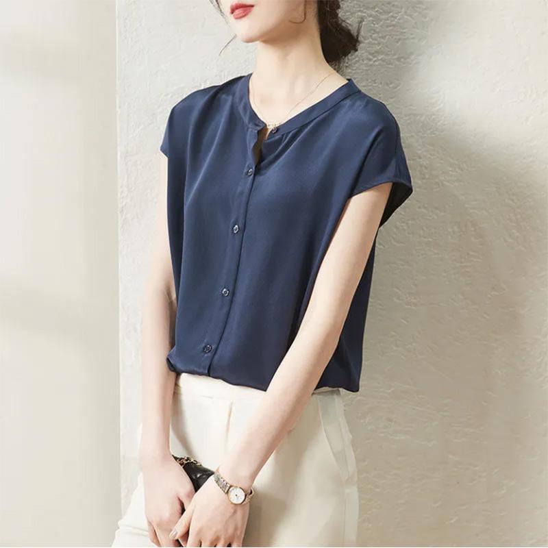 Silk Short-sleeved Shirt Women's Temperament Imitation Mulberry Silk Round Neck Shirt Top