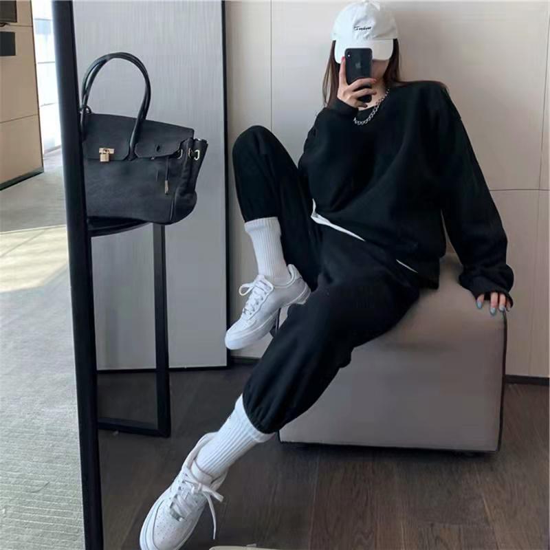 2PCS Women's Velvet Thickened Loose and Thin Sports Suit Two-piece Casual Sweater Solid Color Casual Sweater Suit Autumn Trousers Hooded Sweater