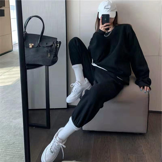 2PCS Women's Velvet Thickened Loose and Thin Sports Suit Two-piece Casual Sweater Solid Color Casual Sweater Suit Autumn Trousers Hooded Sweater