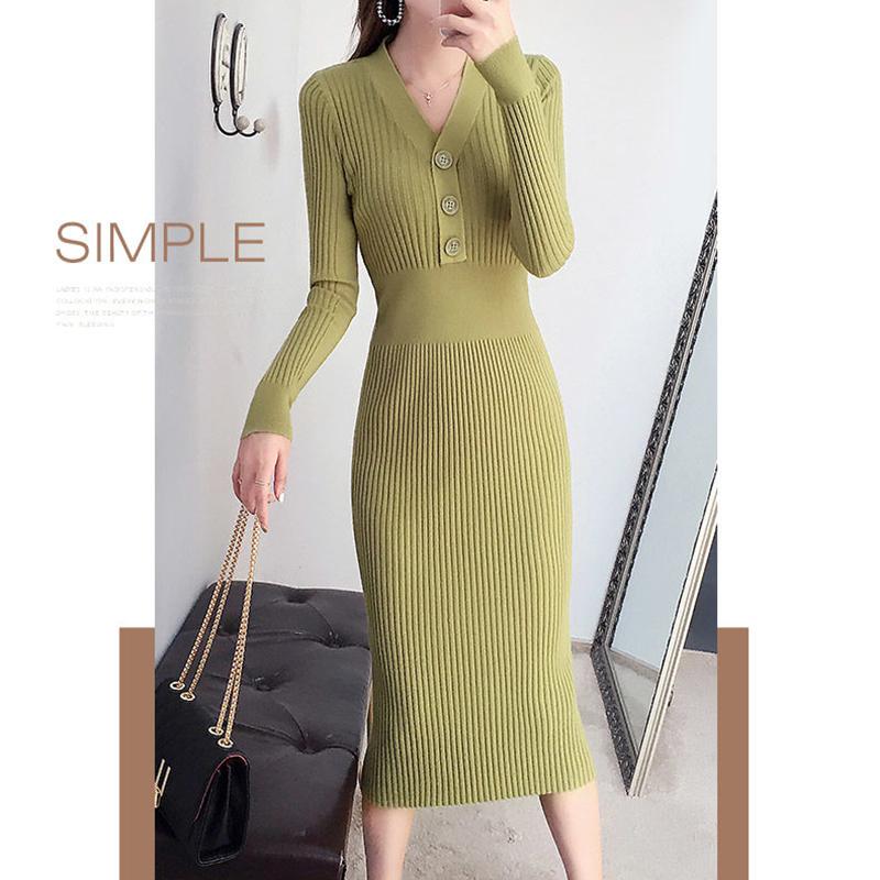 Autumn and Winter Fashion Padded Sweater Skirt Mid-length Over The Knee V-neck Knitted Dress Slim Inner Base Bag Hip Skirt