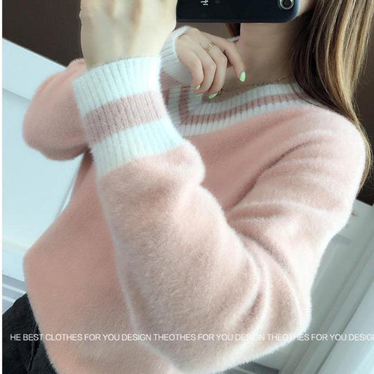 Autumn and Winter Mohair Thick Sweater Short V-neck Loose Coat Long Sleeve All-match Female Top