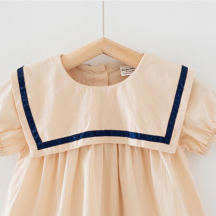 Summer Children's Clothing College Navy Girl's Dress Turn-down Neck Korean Style Baby Girl Skirt Short Sleeve