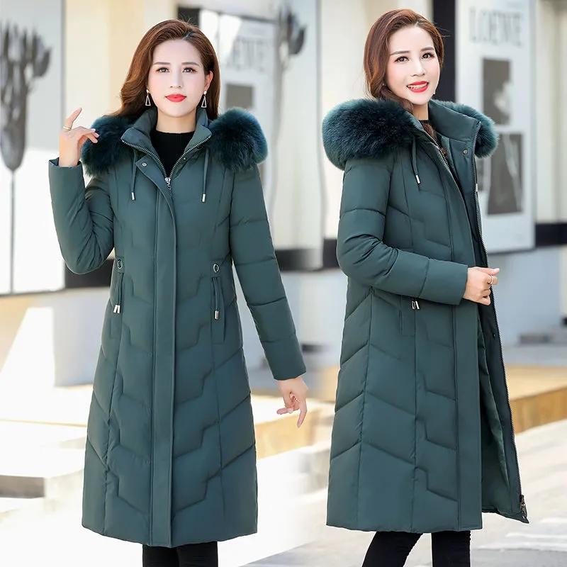 Winter Women Long Jacket Warm Jackets Thickening Coats Fur Collar Hooded Coat Down Jacket Parkas for Women Casual Solid Color Outerwear