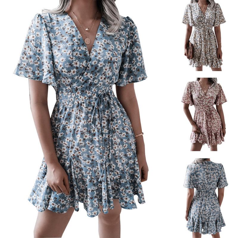 Ladies Floral Dress Summer Women's Sexy Vacation Large Skirt V-neck Lace Short Dress