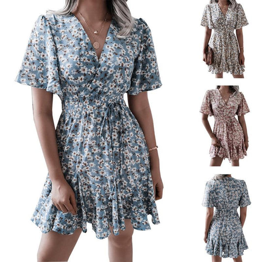 Ladies Floral Dress Summer Women's Sexy Vacation Large Skirt V-neck Lace Short Dress