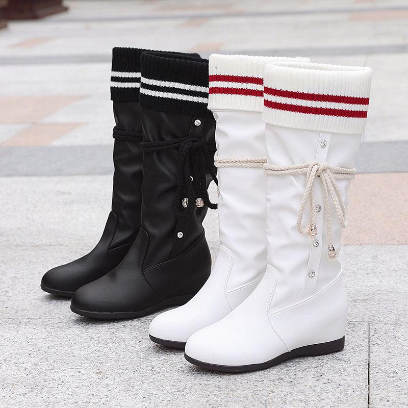 Inner Increase High Boots Women Wedge Heel  Knight Boots Short Fleece Calf-high Leather Boots