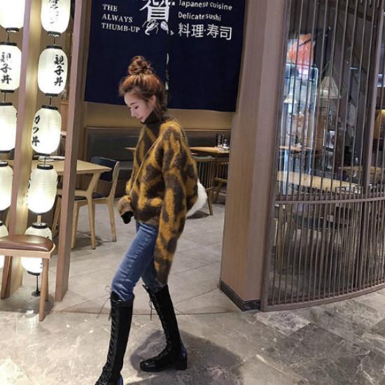 2 Colors Sexy Lady Turtleneck Leopard Sweater Knitwear Loose Pullover Jumper Short Top