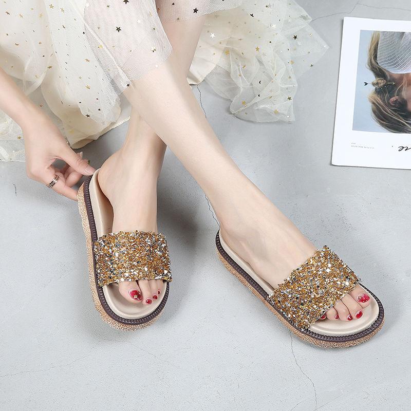 Slippers Women’s Summer Fashion Outer Wear Sponge Cake Thick Bottom Flip Flops Sequins Sandals Flat Sandals Beach Shoes