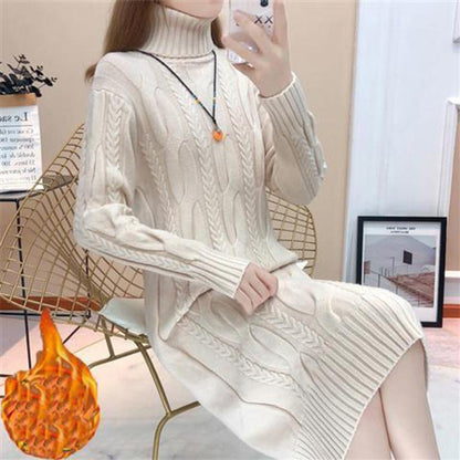 Spring and Autumn New Style Plus Velvet Padded High-neck Over-the-knee Sweater Women Loose Mid-length Knit Sweater and Long Dress