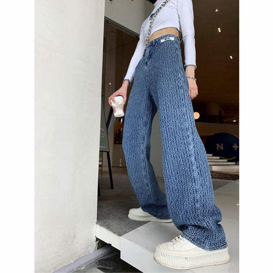 Spring  Autumn Plus Size Loose Woven Denim Wide-leg Trousers   Straight Thin High-waist Casual Mopping Pants Women