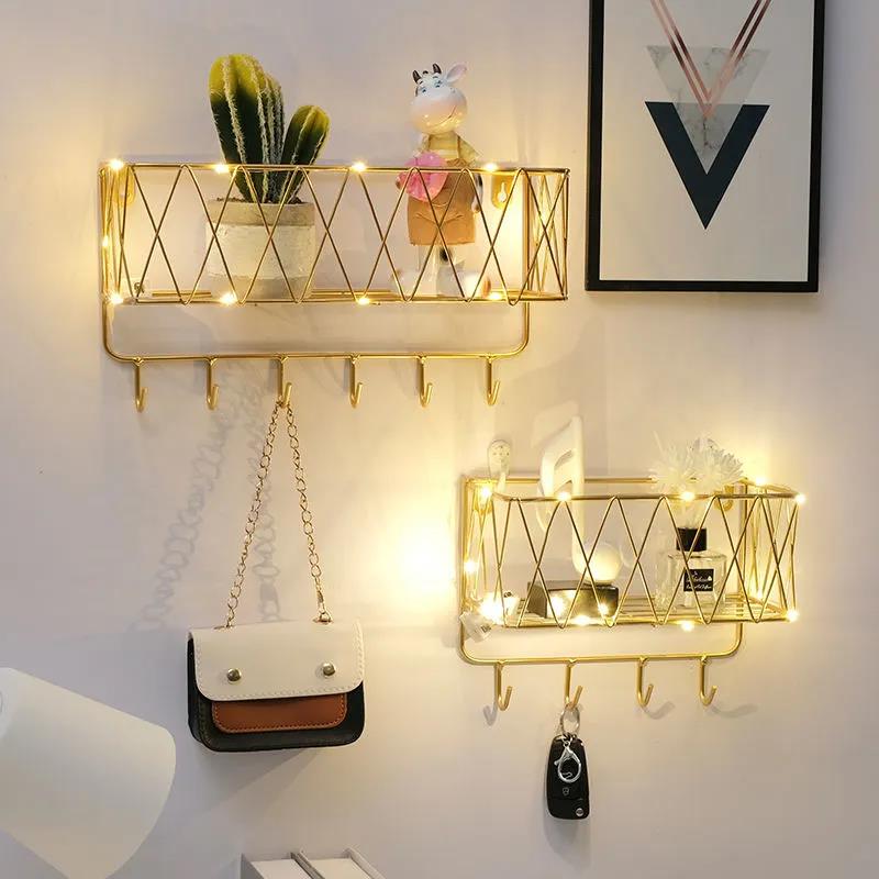 Home Storage Rack Metal Solid Wood Punch-free Storage Rack Waterproof Display Shelf with Light Strip