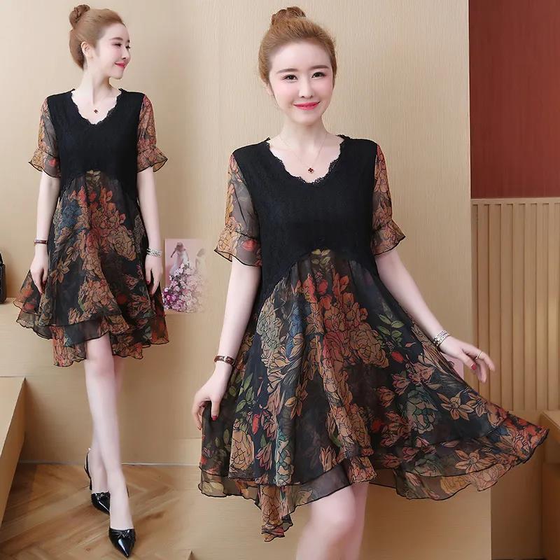 Large Size L-XXXXXL Women's Summer Dress Chiffon Veil Printing Above Knee V-neck Ruffle