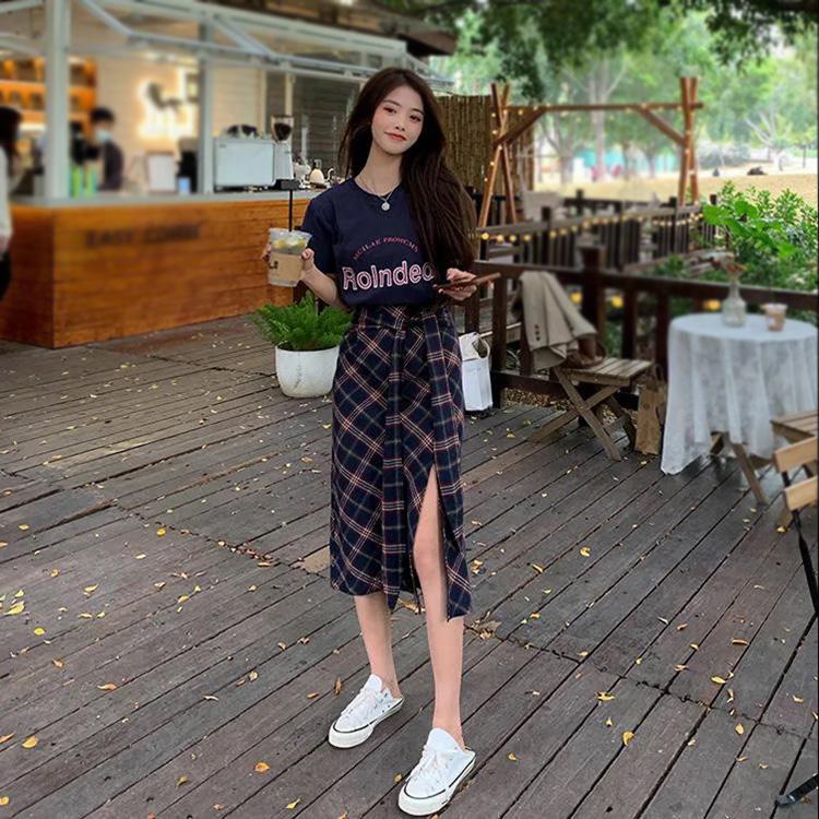 Split Women Plaid Skirt Female High Waist A-line Mid-length Half Skirt Thin Daily Student School