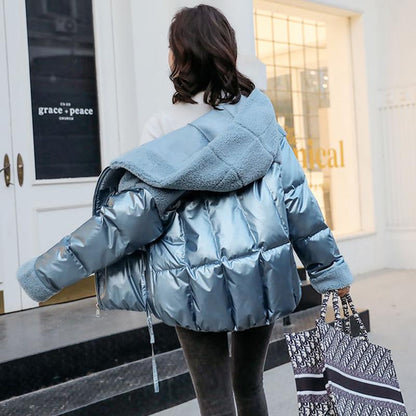 Women's Winter Korean Loose Quilted Coat Warm Stand-collar Down Jacket Women's Glossy Mid-length Down Jacket