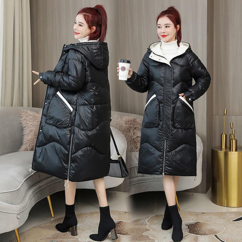 Cotton Jacket Women's Winter Fashion Trend Korean Version of Wild Loose Over The Knee Long Thickened Shiny Color Matching Cotton Jacket