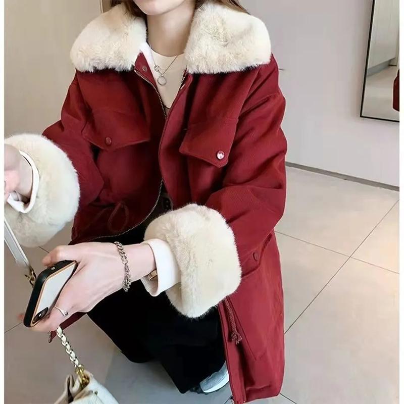 Women's Winter Plus Velvet Thickened Mid-length Cotton Coat Loose Drawstring Korean Style Cotton Coat Jacket Tooling Pie To Overcome Jacket Casual Top