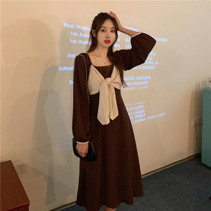 Autumn and Winter Solid Color Lantern Sleeve Square Collar Design Large Cute Bow Mid Length Long Sleeve Dress
