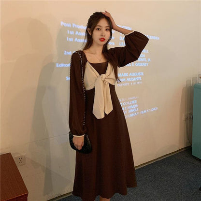 Autumn and Winter Solid Color Lantern Sleeve Square Collar Design Large Cute Bow Mid Length Long Sleeve Dress