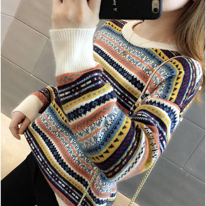 Winter Women Colorful Striped Pullover Sweater Casual Jumper O-Neck Long Sleeves Female Sweater