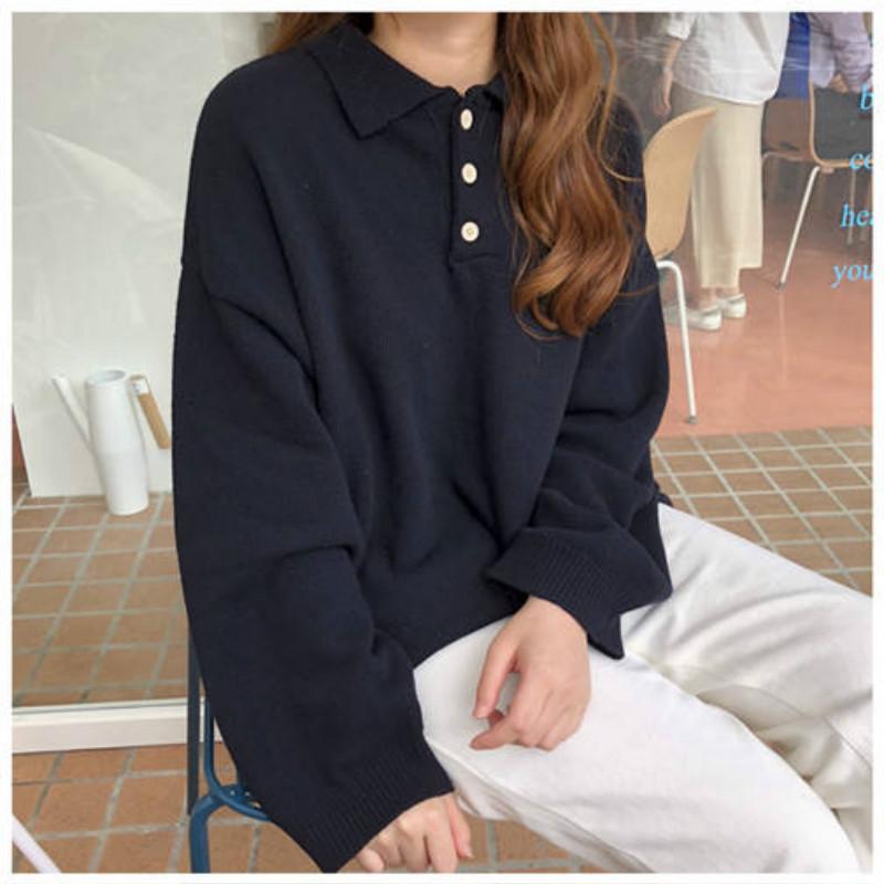 Pofulove Solid Color POLO Collar Sweater Jacket Female Autumn Winter College Style Sweater