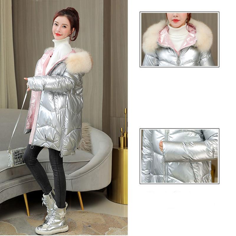 Women's Bright Face Hooded Down Jacket Mid-length Korean Loose Thick Coat Warm Cotton Coat Large Wool Collar Winter Quilted Coat