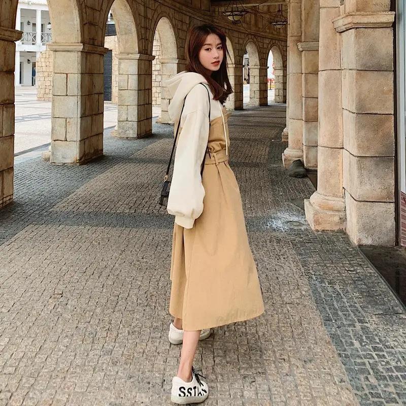 S-XXL Mid-calf Sweater Dress with Belt Women Spring and Autumn Plus Size Hooded Long Sleeve Loose Dress Thicken Cotton