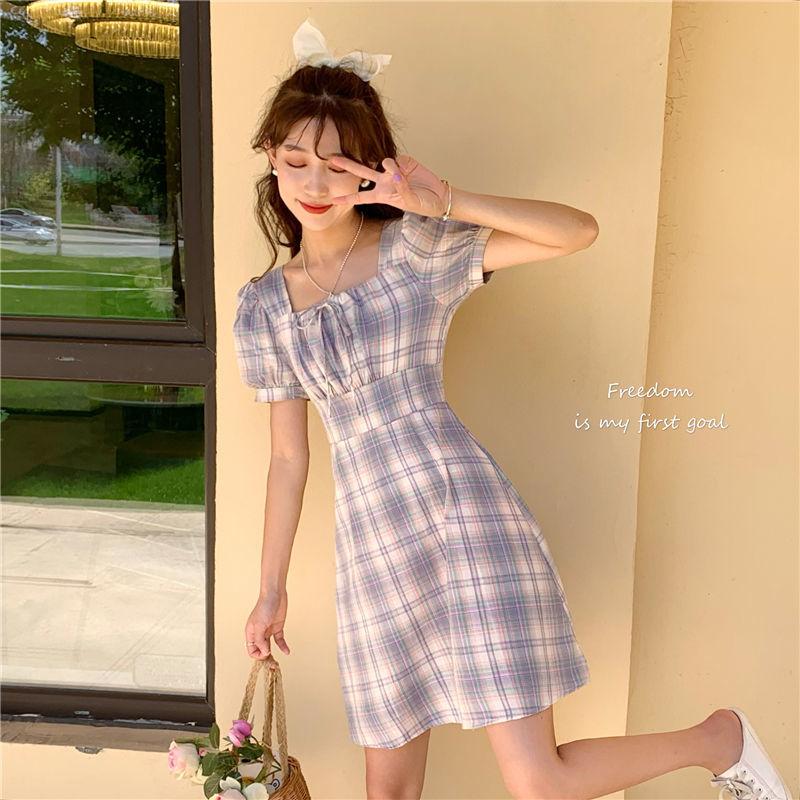 Summer French Elegant Square Neck Bubble Sleeve Plaid Dress Female Waist Slim Short Vacation Dress