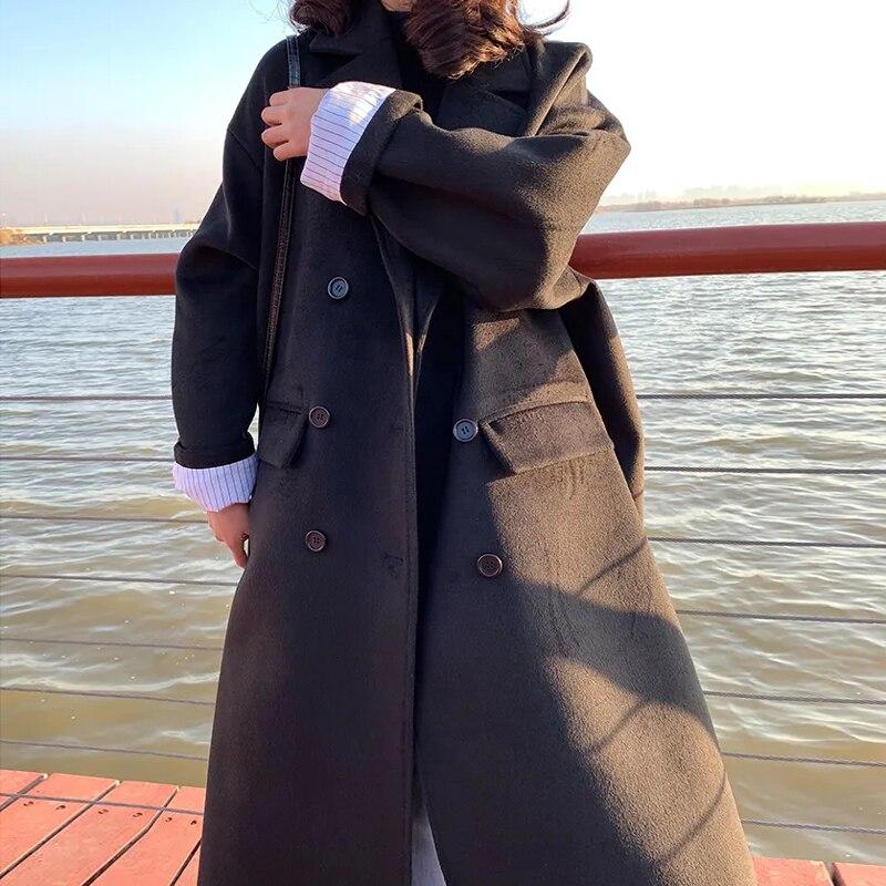 Winter Thick Warm Long Woolen Coats Female Casual Loose Double Breasted Streetwears Ladys Korean Black Outerwears