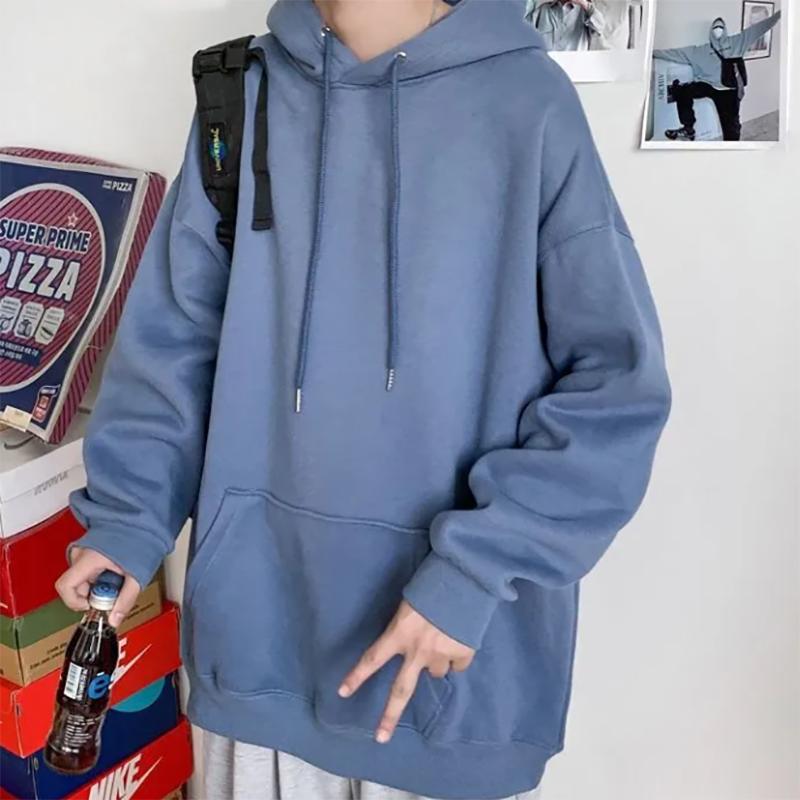 Hooded Sweater Men's Hooded Loose Wild Autumn and Winter Pullover Sweater Hong Kong Style Solid Color Plus Velvet Thick Knitwear Hoodie Sweatshirts