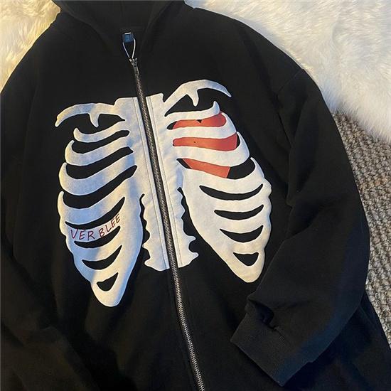 Zipper Harajuku Korean Loose Skull Printed Gothic Long Sleeve Hooded Jacket Solid Color Retro Shirt Student Unisex Top