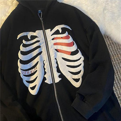 Zipper Harajuku Korean Loose Skull Printed Gothic Long Sleeve Hooded Jacket Solid Color Retro Shirt Student Unisex Top