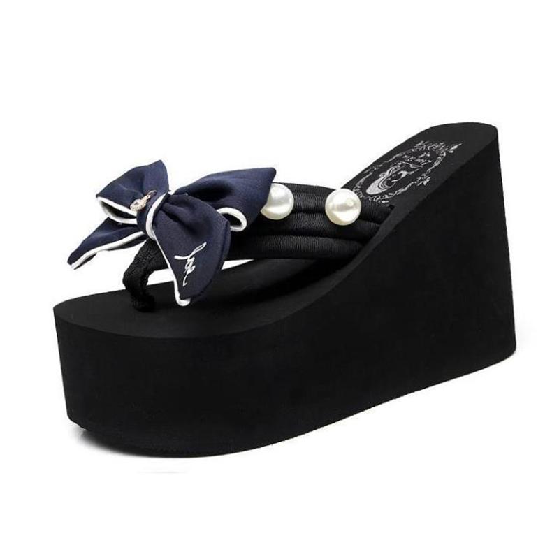 Summer Thick-soled Slippers Women's Bow-knot Herringbone Sandals Holiday Non-slip High-heeled Beach Flip-flops