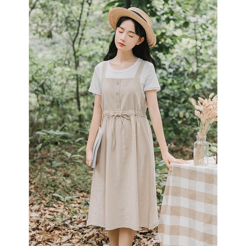 Summer Long Dress Women Casual Vintage Dresses Mid Calf Vestidos Pockets Strapless Sundress Overalls