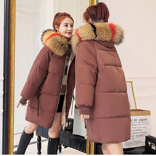 Women's Fashion Down Cotton Jacket Long Over The Knee Thickened Warm Coat Hooded Fur Collar Coat