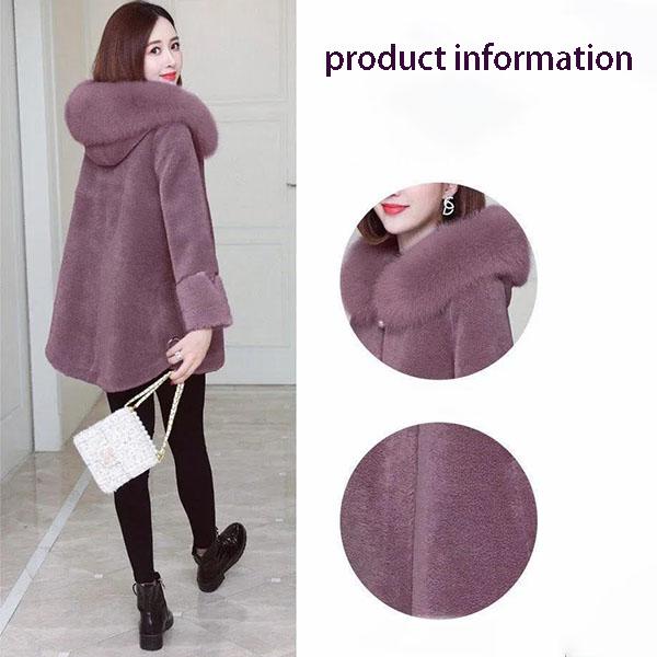 Winter Clothing Grain Velvet Thickening and Cotton Imitation Sheep Shearing Hooded Large Fur Collar Waist Imitation Fur Coat Mid-length Coat Women