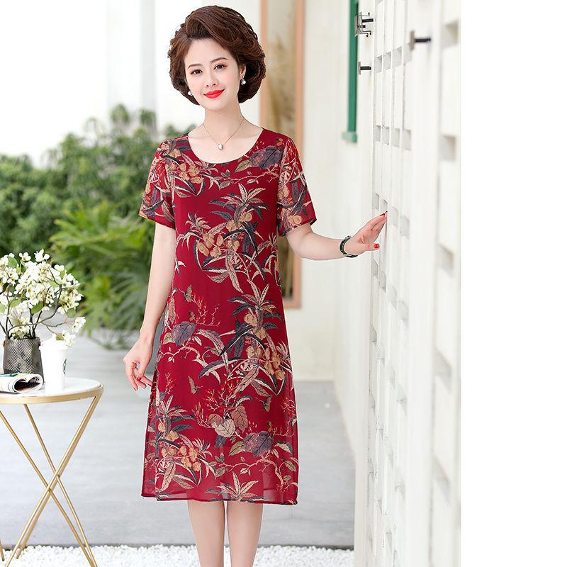 Chiffon Dress Loose Large Size Short Sleeve Summer Middle-aged Women's Dress