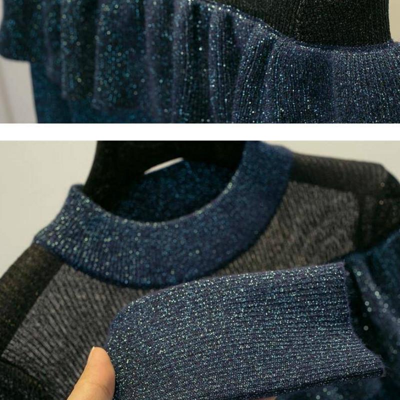 Bright Silk Ruffled Glitter Gold Thread Pullover Long sleeve Knitted Bottoming Sweater