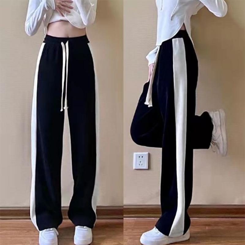 Sports pants spring and autumn striped color contrast loose and thin high waist vertical straight pants casual wide leg pants women