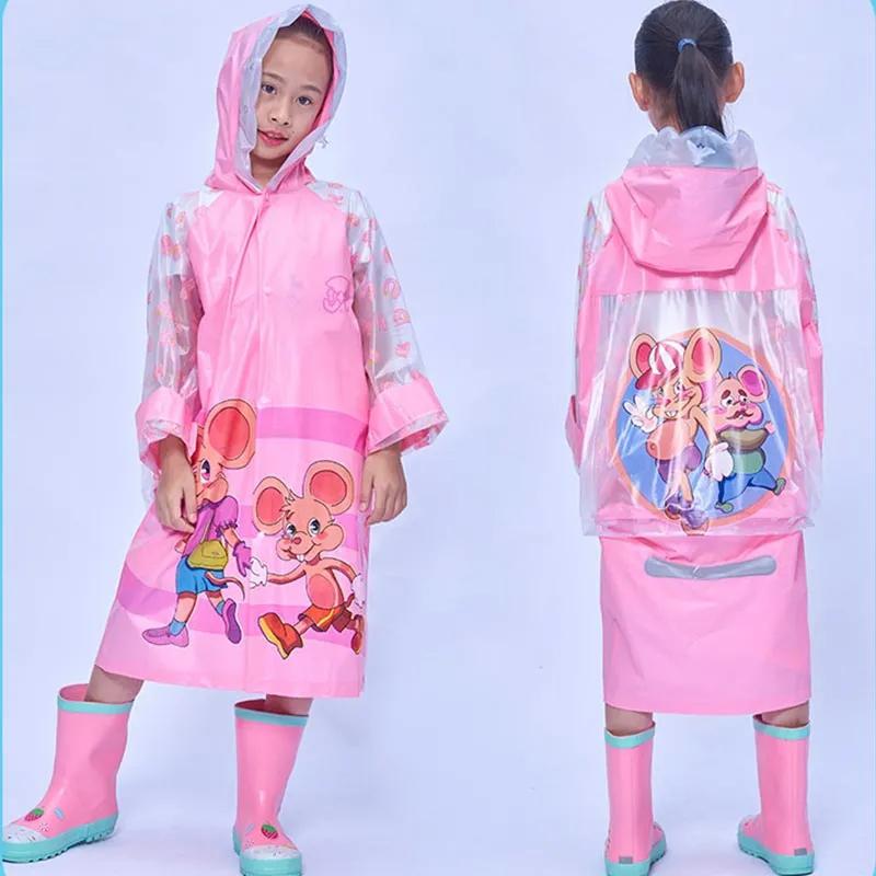 Rain Coat for Kid Pink Cartoon Printed Kawaii Rainwear Inflatable Brim and Reflective Strip Hooded Waterproof Clothes Children Windbproof Raincoats