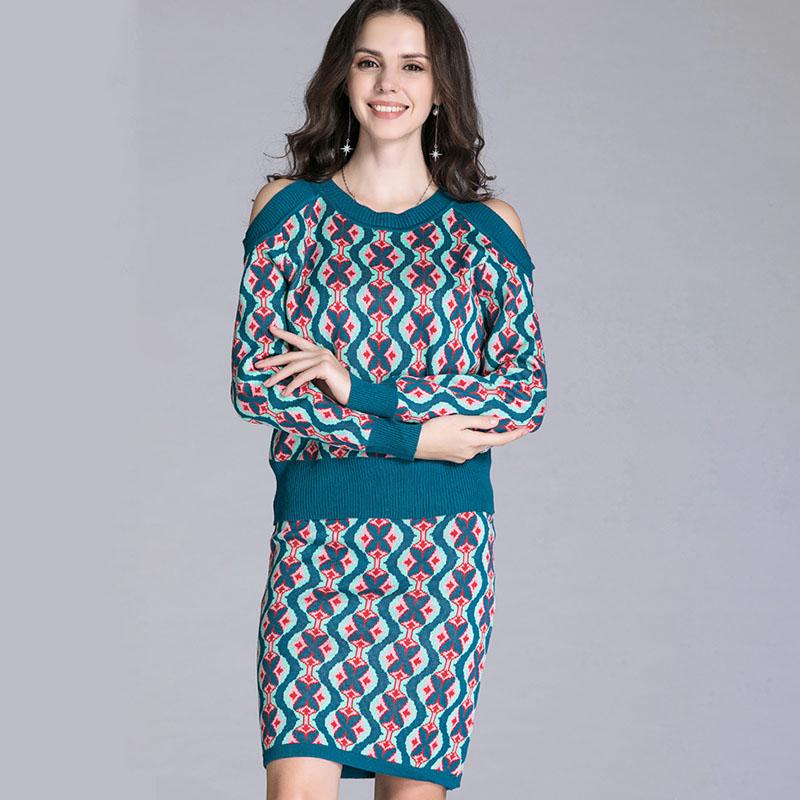 Women's Sweater Skirt Set Vintage Printed Off-shoulder Knitted Sweater Top and Bodycon Knitted Skirt Two-piece Set Female Outfits