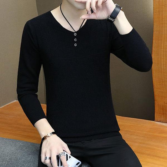 V-neck Button Men's Sweater Slim Fashion Solid Color Men's Thin Knit All-match Jacket Long Sleeve Top