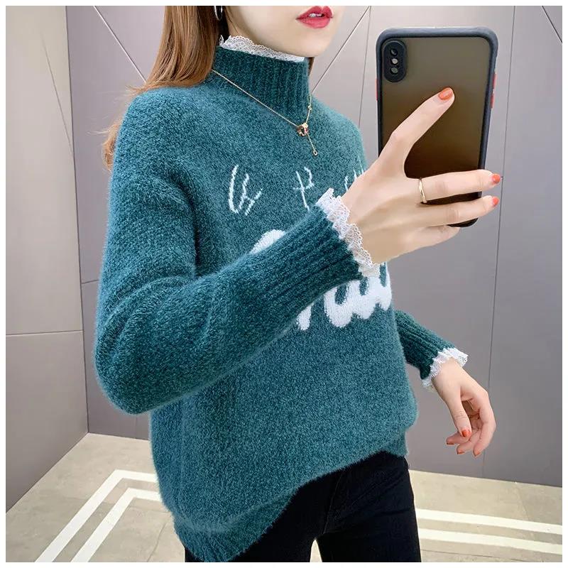 Chenille Lace Pullover Sweater Ladies Large Size Loose Half Turtleneck Sweater Solid Color Bottoming Knit Sweater