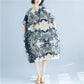 WTEMPO Plus Size Cotton and linen Flower Printing Women Dress Summer Short Sleeve Round Neck Long Dress Casual Mid-calf Length