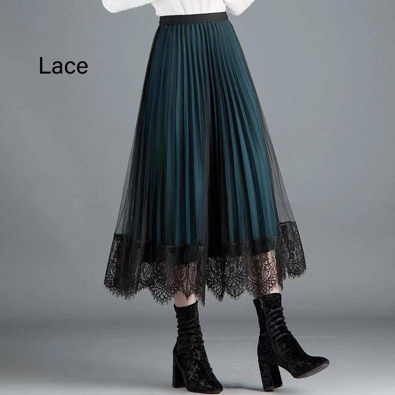 Wear on Both Sides Golden Velvet Yarn Printed Lace Skirt Woman's Mid-length Elastic Waist Pleated Skirt School Work Travel