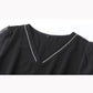 L-5XL Spring Summer Chiffon Dress Large Size V-neck See-through Mesh Short-sleeves Temperament Slim Black Skirt Female Bow Strap A-line Dress