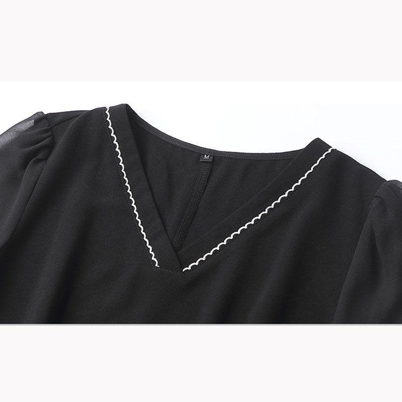 L-5XL Spring Summer Chiffon Dress Large Size V-neck See-through Mesh Short-sleeves Temperament Slim Black Skirt Female Bow Strap A-line Dress