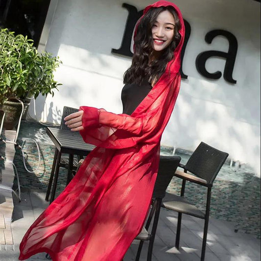 Hooded Chiffon Cardigan Women's Sun Protection Clothing Sun-Dress Plus Size Shawl Loose Outer Thin Coat Beach